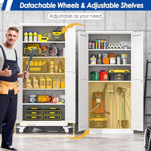 GAIOUS Metal Garage Storage Cabinet with Lock, Steel Tool Cabinet with 2 Doors and 5 Adjustable Shelves, 75” Tall Lockable File Cabinet with Wheels, Organization for Home Office Garage Gym - White GAIOUS
