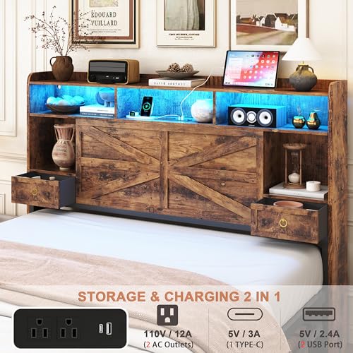 TIGUBFRE Full Bed Frame with 4 Drawers Bookshelf Headboard, Farmhouse Bed Frame with Charging Station & LED Lights, Metal Slats Support, Noise Free, No Box Spring Needed Rustic Brown TIGUBFRE