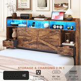 TIGUBFRE Full Bed Frame with 4 Drawers Bookshelf Headboard, Farmhouse Bed Frame with Charging Station & LED Lights, Metal Slats Support, Noise Free, No Box Spring Needed Rustic Brown TIGUBFRE