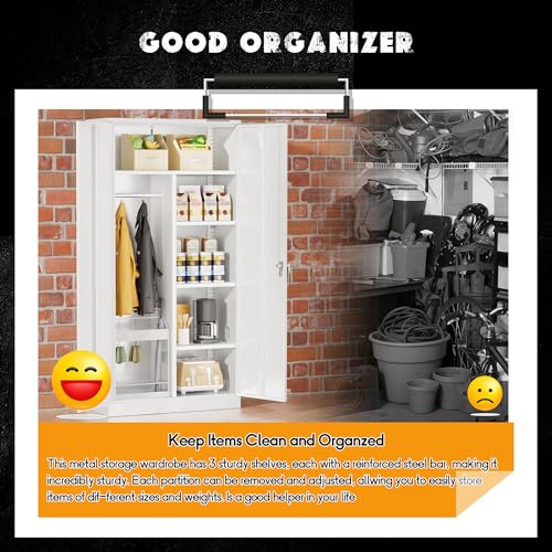 Greenvelly Metal Storage Wardrobe Cabinet with Lock Doors, 72" White Metal Freestanding Wardrobe Closet Locker with Doors and Shelves,Clothing Coat Steel Storage Locker for Office,Home,School,Gym Greenvelly