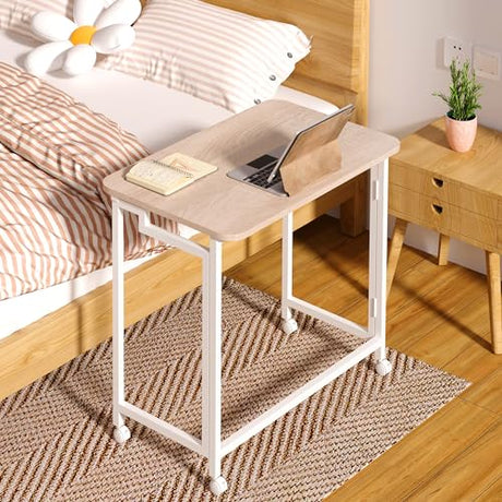 4NM 23.6" Mobile Small Rolling Computer Desk, Folding Laptop Cart Table with Wheels, Portable Office Desk for Small Space Couch Bed - Natural and White 4NM