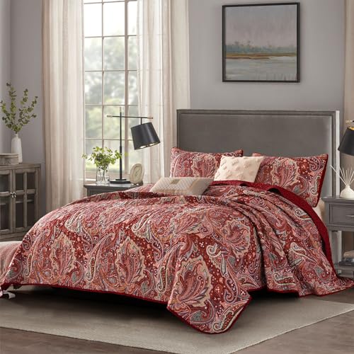 DJY Red Paisley Quilt Set California King Boho Bedspread 3 Pieces, Soft Lightweight Microfiber Coverlet Set Paisley Floral Pattern Bedding for All Season, 112"x96" DJY
