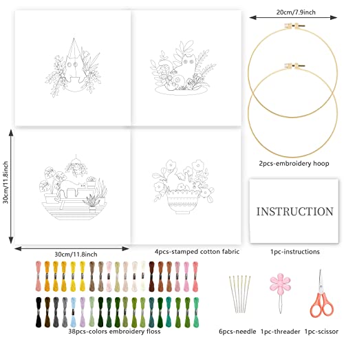 INFUNLY 4 Sets Cat Embroidery kit DIY Embroidery Kit for Beginners Cat Embroidery Set Plant Cats Cross Stitch Kit for Adults with Plastic Embroidery Hoops Threads and Instructions