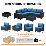 JOYURE 6 Pieces Patio Furniture set All-Weather Outdoor Wicker Sectional Conversation Sofa Rattan patio seating sofa with cushion and Glass Table for Porch Poolside,Peacock Blue JOYURE