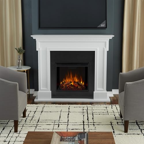 Real Flame Thayer 55” Electric Fireplace with Mantel for Living Room or Bedroom, Replaceable Fireplace Insert Heater, Realistic Log and Flame Effect, Remote Control, Timer, White Real Flame