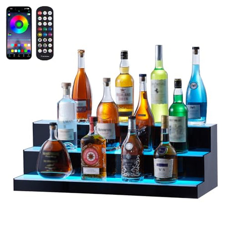 VEVOR LED Lighted Liquor Bottle Display, 3 Tiers 30 Inches, Supports USB, Illuminated Home Bar Shelf with RF Remote & App Control 7 Static Colors 1-4 H Timing, Acrylic Lighted Shelf for 24 Bottles VEVOR