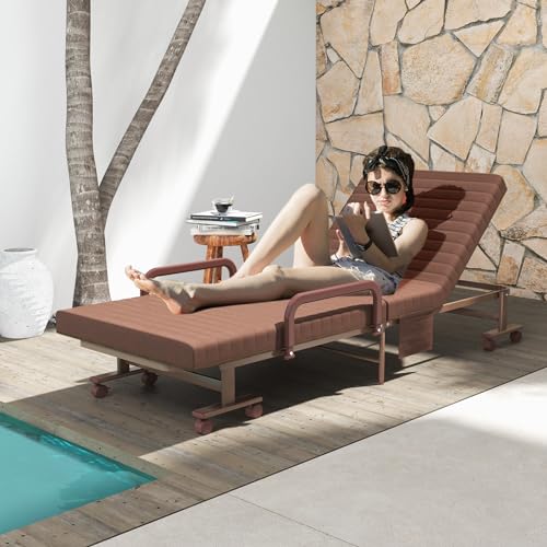 KOMFOTT Folding Rollaway Bed with Mattress for Adults, Portable Guest Bed with 6 Positions Adjustable Backrest, Foldable Reinforced Steel Frame Rolling Bed with Side Storage Pocket KOMFOTT