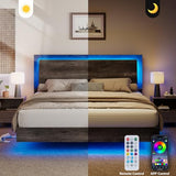 LUXOAK King Size Floating Platform Bed Frame with LED Light, Farmhouse Bed Frame with Headboard/No Box Spring Needed/Noise Free/Easy Assembly, Rustic Grey LUXOAK