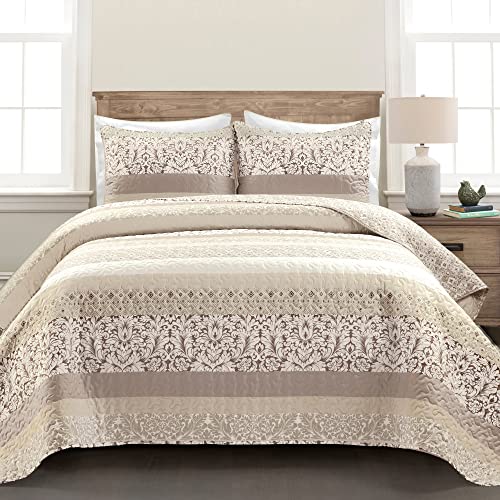 Lush Decor Boho Stripe Reversible Cotton Quilt 3-Piece Set, King, Neutral - Bold Colorful Bohemian Bedding Set Lush Decor