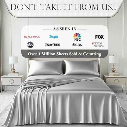 DECOLURE Satin Bed Sheets - 4 Piece Luxury Silky Queen Size Bedding Set - Softer Than Silk, Wrinkle-Free with 15” Deep Pocket Fitted Sheet, Perfect for Hair & Skin, Gifts for Women (Grey) DECOLURE