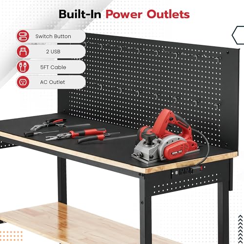 DNYKER 60" Adjustable Height Workbench, 3000 LBS Heavy Duty Work Table for Garage,Rubber Wood Workstation with USB Power Outlets/Wheels/Pegboard for Workshop, Office, Home DNYKER