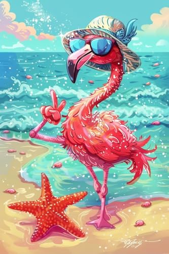 Movstrb Cartoon Animal Diamond Painting, Adult 5D Beach Flamingo with Sunglasses Diamond Painting Kit, DIY Diamond Embroidery Crafts Kit, Home Cafe Living Room Wall Art Decoration 12x12 Inch Movstrb