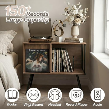 Faesun Flip Top Record Player Stand, Large Turntable Stand Holds up to 150+ Albums, Vintage Mid Century Record Player Table, Stereo Cabinet with Open Storage, for Living Room, Bedroom, Walnut Faesun
