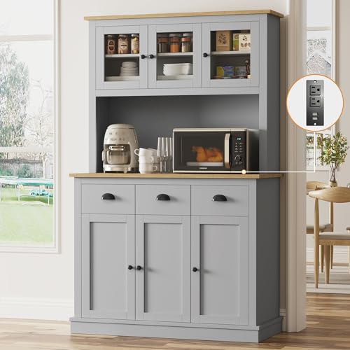 Buytime 71" Kitchen Hutch with Charging Station, Tall Pantry Storage Cabinet with Microwave Stand, Adjustable Shelves, Slide Drawers, Large Buffet Pantry Cabinet for Kitchen, Dining Room, Grey Buytime