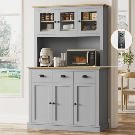 Buytime 71" Kitchen Hutch with Charging Station, Tall Pantry Storage Cabinet with Microwave Stand, Adjustable Shelves, Slide Drawers, Large Buffet Pantry Cabinet for Kitchen, Dining Room, Grey Buytime
