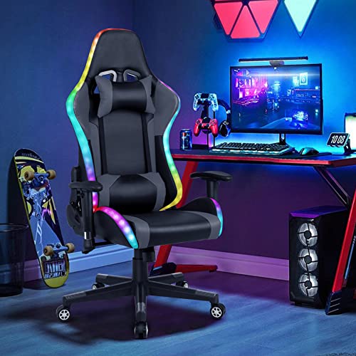 Gaming Chair with Speakers Video Game Chair with RGB LED Lights Ergonomic Racing Office Chair PU Leather Recliner Computer Chair Swivel E-Sports Chair with Lumbar Support Headrest Armrest, Black YOUTHUP