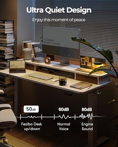 FEZIBO 55 x 24 Inch Height Adjustable Electric Standing Desk with Double Drawer, Stand up Home Office Computer Desk with 4 Height-Adjustable Feets & 2 Hooks, White FEZIBO