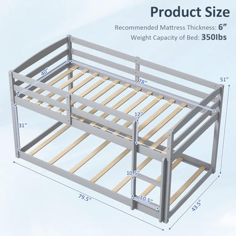 KOMFOTT Low Bunk Bed Twin Over Twin, Solid Wood Bunk Bed Frame with Built-in Ladder & Safety Guardrails, Space-Saving Low Bunk Bed for Kids, Teens, No Box Spring Needed KOMFOTT