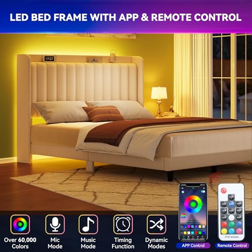 YITAHOME Queen Bed Frame with Adjustable Velvet Wingback Headboard 43.3"-47.4", Upholstered Platform Bed with LED Lights, Solid Wood Slat Support, No Box Spring Needed,Beige YITAHOME