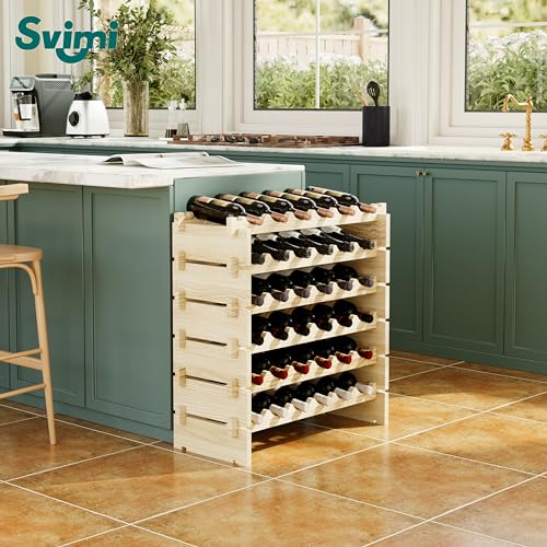 Modular Real Wood Wine Storage Racks - Stackable Free Standing Floor Wooden Wine Rack, Premium Wine Storage Rack Elegant Display and Organizing for Kitchen and Cellar 6 Tier 36 Bottles - WoodArtSupply