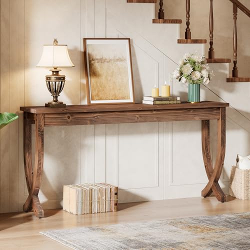 TRIBEWOOD Solid Wood Console Table for Entryway, 63-Inch Long Sofa Table, Farmhouse Hallway Table for Living Room, Entrance, Foyer (Brown) TRIBEWOOD