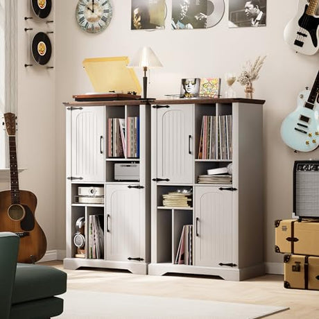 Maupvit Record Player Stand with Vinyl Storage Cabinet, 47" Wood Turntable Table Open and Closed Shelf Holder, 400+ Albums Cube Storage Organizer for Living Room, Office,White Maupvit