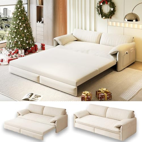 UPYOOE 63.8" Futon Sofa Bed Queen Size, Pull Out Bed, 3-in-1 Convertible Sleeper Sofa with Side Pocket, Modern Velvet Futon Couch for Living Room, Small Space, Apartment, Bedroom, Beige UPYOOE