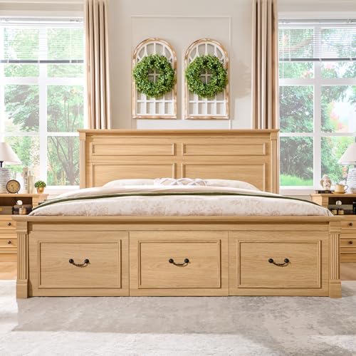 Aitjunz Farmhouse King Size Bed Frame with 51" Tall Headboard, Wood Platform Bed Frame with 20" Tall Roman Column Decoration Footboard & 3 Large Storage Drawers, No Box Spring Needed (Natrual) Aitjunz