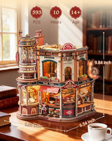 ROKR Dream Coffee Factory, Wooden Music Box Model, Mechanical 3D Wooden Puzzles for Adults, Building Kit with Moving LED Lights, Miniature House Kits, Desk Decor Gift