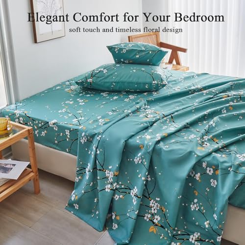 ZRNBAST Teal Sheet Set 4 Pcs Twin Sheet Set Floral Print Flat Sheet Fitted Sheet Farmhouse Style Bedding Sheets Easy Fit Microfiber Sheets-All Seasons (Teal, Twin) ZRNBAST