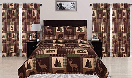 How Plumb Aubrie Home Accents Cozy Cabin 2-Piece Twin Quilt Bedding Set with Pillow Sham Rustic Patchwork Plaid Deer Coverlet Bedspread, Brown Tan Green How Plumb