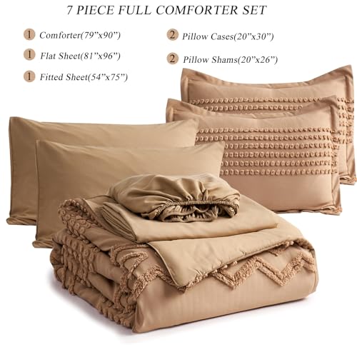 KAKIJUMN Khaki Tufted Comforter Set Full Size 7 Piece Bed in a Bag, Shabby Chic Boho Comforter and Sheet Set, Pom Pom Textured Bed Set, All Season Soft Microfiber Complete Bedding Set(Khaki,Full) KAKIJUMN