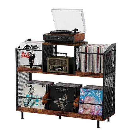 KirKical Record Player Stand with Vinyl Storage Holds Up to 400 Albums, Industrial Style Large Record Display Table Cabinet with Vinyl Album Storage, Vintage Wood KirKical