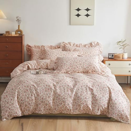 VM VOUGEMARKET Red Flower Comforter Set Queen Aesthetic Bedding Set Garden Style Blooming with Ruffle Pillow Shams for Teen Girls Bed in a Bag Flurry Comforter Set-90x90 Inch VM VOUGEMARKET