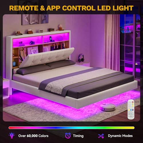 YITAHOME Queen Size Floating Bed Frame with RGB LED Lights, Bookcase Storage Headboard Beds with Charging Station, Upholstered Platform with Heavy Duty Wood Slat, No Box Spring Needed, Beige YITAHOME