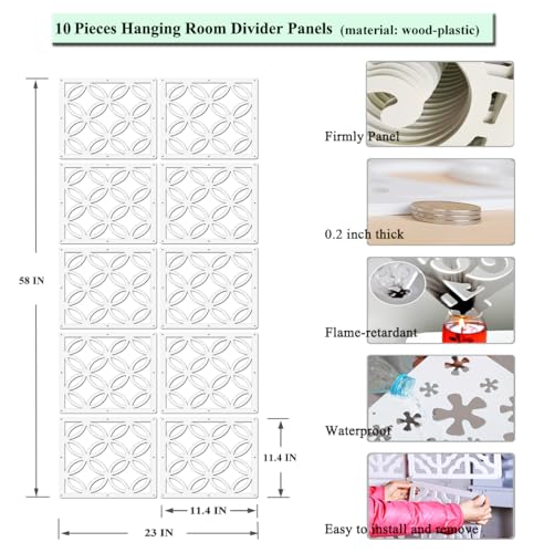 PKEPJ Hanging Room Divider Panels,10 Pieces Wood-Plastic Screen Panels Wall Divider Partition Home Office Decoration (White02) PKEPJ