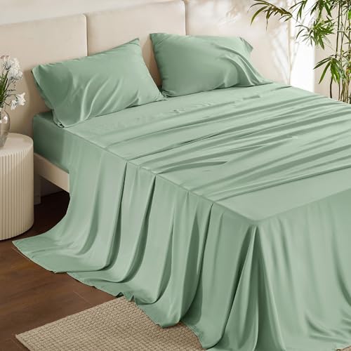 Bedsure Queen Sheet Set, Rayon Derived from Bamboo, Cooling Sheets, Breathable & Soft, Deep Pocket Up to 16 Inches, Hotel Luxury Silky Bedding for Hot Sleepers, Sage Green Bedsure