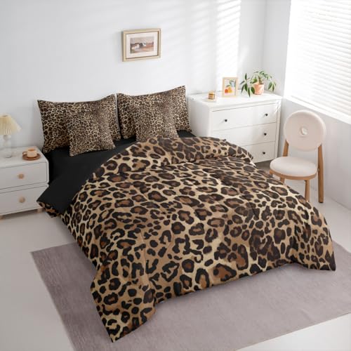 Erosebridal Leopard Print 7 Piece Bedding Set Queen Cheetah Decor Comforter Set with Sheets Geometric Modern Bed in A Bag African Safari Animal Bed Sets with 2 Pillowcases, 2 Throw Pillow Covers Erosebridal