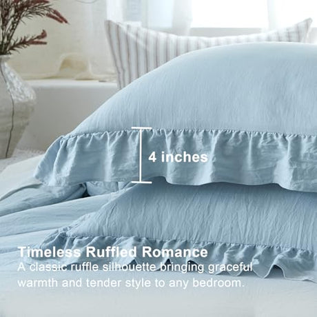 softpage Blue Ruffle Comforter Set King, Pre-Washed Shabby Chic Bedding Set, Lightweight Cottagecore Soft Romantic Cozy 1 Comforter & 2 Shams, All-Season softpage