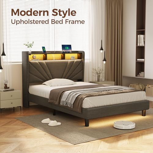 Rolanstar Twin Size Bed Frame, Storage Headboard with Charging Station and LED Lights, Upholstered Bed with Heavy Duty Wood Slats, No Box Spring Needed, Noise Free, Easy Assembly, Dark Grey Rolanstar