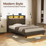 Rolanstar Twin Size Bed Frame, Storage Headboard with Charging Station and LED Lights, Upholstered Bed with Heavy Duty Wood Slats, No Box Spring Needed, Noise Free, Easy Assembly, Dark Grey Rolanstar