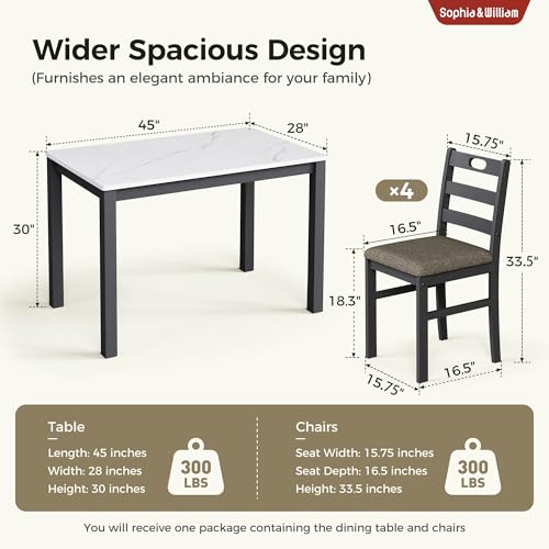 Sophia & William 5 Piece Dining Table Set for 4, Faux Marble Kitchen Table and Chairs Set, Solid Wood Farmhouse Dinner Table Set,Venatino White Marble & Black Sophia & William