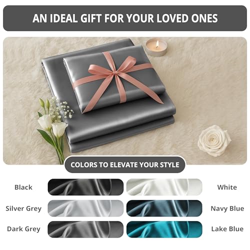 Lux Décor 3-Piece Twin Satin Sheet Set– Luxury Silky Soft 100% Polyester Woven Fabric, Deep Pocket Fitted Sheet – Smooth & Breathable Bedding with Pillowcase (Dark Grey) LDC LUX DECOR COLLECTION