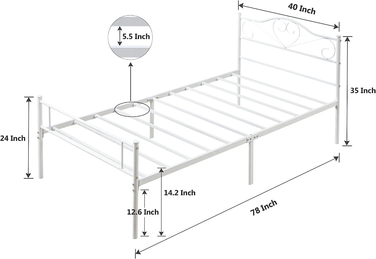 VECELO 14 Inch Twin Size Metal Platform Bed Frame with Headboard and Footboard, Heavy Duty Mattress Foundation with Steel Slats Support, No Box Spring Needed, White VECELO