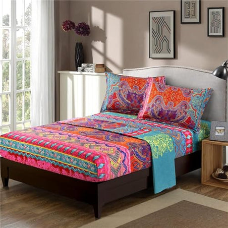 Boho Sheet Set California King Size, 4PCS Bohemian Colorful Tribal 16 Inch Deep Pocket Boho Indian Bedding Sheets, Soft Microfiber Bed Sheet Set Cal king(1 Fitted Sheet, 1 Flat Sheet, 2 Pillowcases) DJY