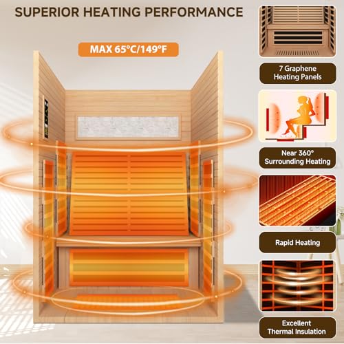 RIGO 2 Person Infrared Sauna for Home - Canadian Hemlock Luxury Spa with Exclusive Star Sky Roof & Oxygen Bar, 7 Low EMF Graphene Heaters, Bluetooth RIGO