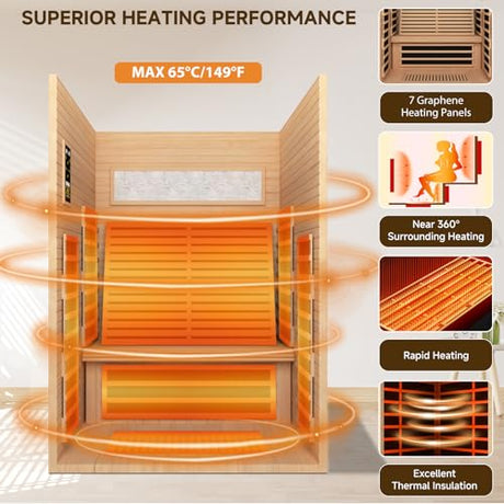 RIGO 2 Person Infrared Sauna for Home - Canadian Hemlock Luxury Spa with Exclusive Star Sky Roof & Oxygen Bar, 7 Low EMF Graphene Heaters, Bluetooth RIGO