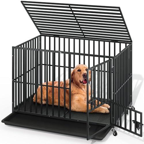 YITAHOME Heavy Duty Indestructible Dog Crate, 47/43/37 inch Escape Proof Dog Cage Kennel with Lockable Wheels, High Anxiety Dog Crate, Extra Large Crate Indoor for XL Large Dog with Removable Tray