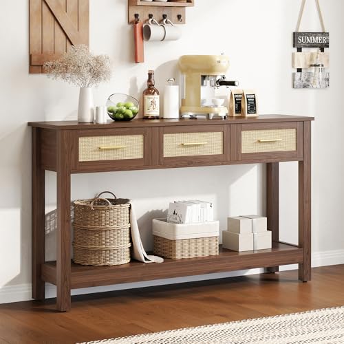 JASIWAY Brown Entryway Table with Storage, 47" Rattan Console Table with Drawers, Narrow Long Foyer Sofa Tables for Living Room, Entryway, Hallway, Front Door, Mesa de Entrada de Puerta, Boho JASIWAY