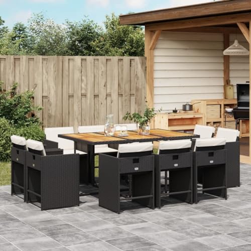 vidaXL - 11-Piece Patio Dining Set with Cushions - Poly Rattan & Acacia Wood - Black and Cream - Outdoor/Garden/Backyard/Patio Furniture - WoodArtSupply